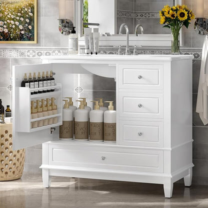 36" Vanity with Sink, Bathroom Vanities 36 Inch with Sink, Single Sink Bathroom Vanity with Door Shelf and Three Drawers, Restroom Vanity with Sink Top (White)