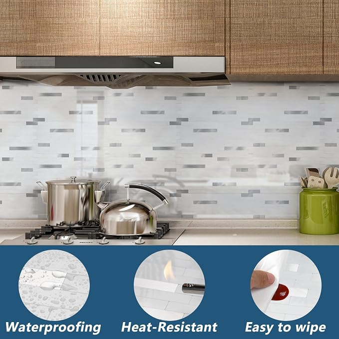 Yipscazo 40 Sheets Peel and Stick Stone Metal Backsplash Tiles, PVC Wall Tiles Stick on Backsplash for Kitchen, Bathroom (6'' X 12'', White with Grey)