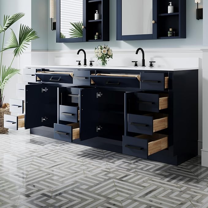 84-Inch Bathroom Vanity with Double Sinks W/ 4 Doors & 12 Drawers & 2 Flip Drawers, Navy Blue Vanity W/Matte Black Handles