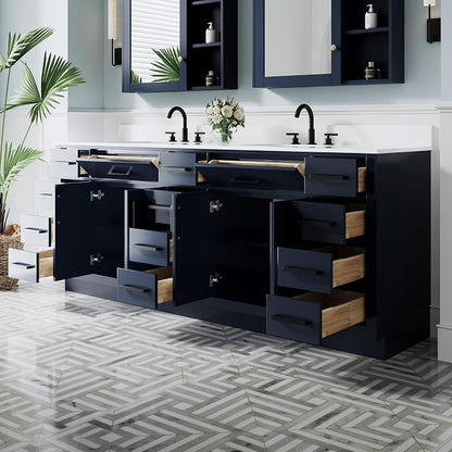 84-Inch Bathroom Vanity with Double Sinks W/ 4 Doors & 12 Drawers & 2 Flip Drawers, Navy Blue Vanity W/Matte Black Handles