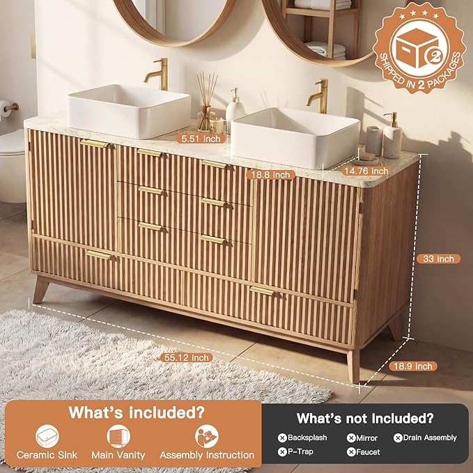 Concho 55'' Fluted Bathroom Vanity with Double Ceramic Sink, Modern Bathroom Sink Storage Cabinet with Engineered Marble Top & 4 Spacious Drawers, Freestanding Bathroom Vanity Cabinet, Oak