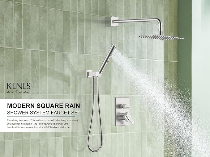 KENES Brushed Nickel Square Rain Shower System Faucet Set with Handheld | Shower Faucet with 10-Inch Rain Shower Head, Square Shower System, Valve Included, Lead-Free cUPC & NSF Certified, Stainless