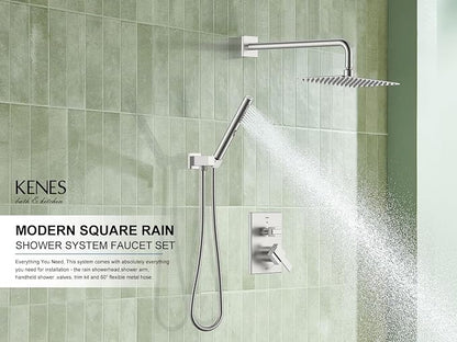 KENES Brushed Nickel Square Rain Shower System Faucet Set with Handheld | Shower Faucet with 10-Inch Rain Shower Head, Square Shower System, Valve Included, Lead-Free cUPC & NSF Certified, Stainless