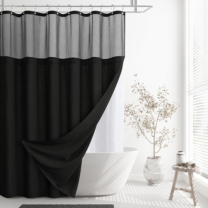 Linen Shower Curtain 78 Inches for Man Bathroom Black Double Layer | Curtains with Hook, Snap in Liner, Water Repellent, Country Style, Modern Bath Decor, 1 Panel, 72x78