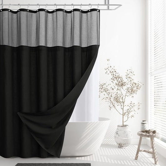 Linen Shower Curtain 78 Inches for Man Bathroom Black Double Layer | Curtains with Hook, Snap in Liner, Water Repellent, Country Style, Modern Bath Decor, 1 Panel, 72x78
