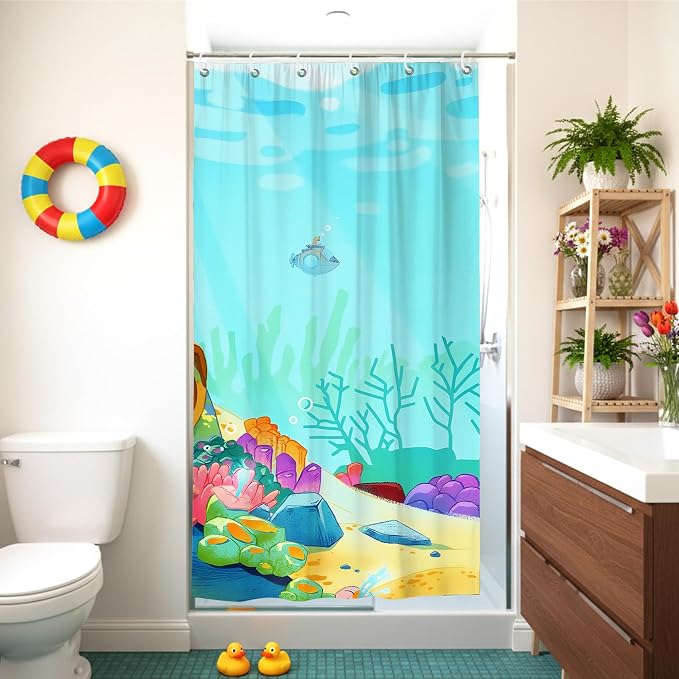 Cartoon Turquoise Underwater Coral Kids Shower Curtain Set 36x72 Inches | Cartoon Underwater Coral Print, Cute Beach Decor for Boys and Girls, Ideal for Kids Stall Bathroom & Housewarming Gift