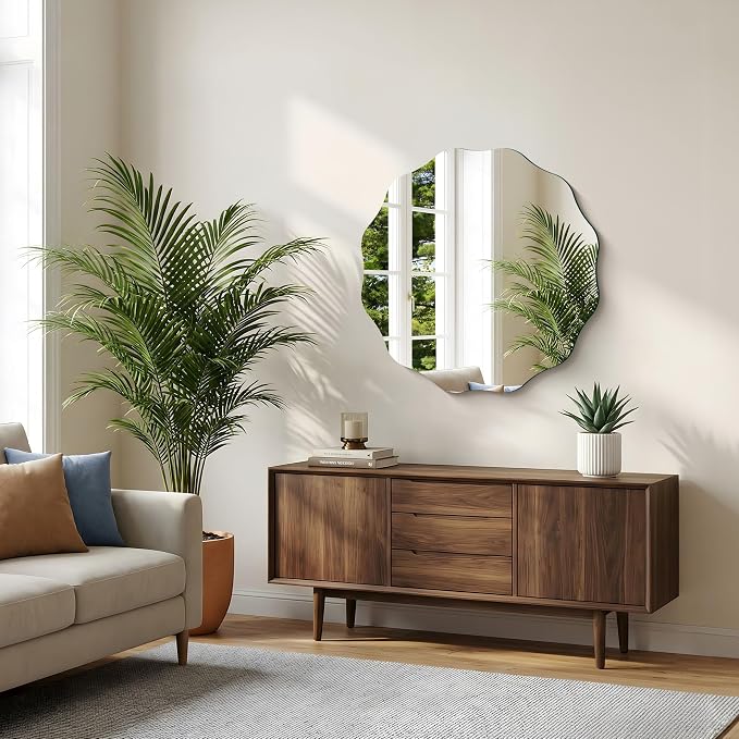CILIBER Wavy Mirror for Wall, 30'' Scalloped Frameless Round Mirror, 3mm Tempered Glass Decorative Bathroom Vanity Mirror, Mounting/Leaning for Mantel, Living Room, Bedroom and Entryway