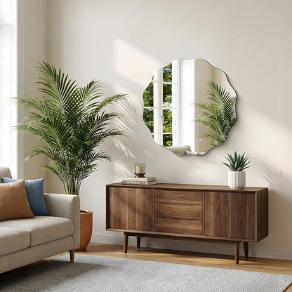 CILIBER Wavy Mirror for Wall, 30'' Scalloped Frameless Round Mirror, 3mm Tempered Glass Decorative Bathroom Vanity Mirror, Mounting/Leaning for Mantel, Living Room, Bedroom and Entryway