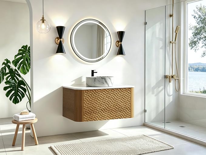 30 Inch Modern Bathroom Vanity with Ceramic Sink, Floating Bathroom Vanity Cabinet with Sintered Stone Top&Solid Wood Hammered Frame, Single Sink Bathroom Vanities w/Soft-Close Drawers,Natural