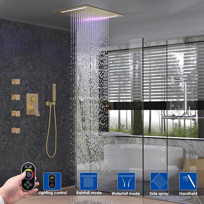 ENGA Shower System with Body Jets, 2 In 1 Functions Ceiling Mount 14x20inch LED Shower Head with 4 Body Jets, Rainfall Waterfall Shower Faucet Set, Brushed Gold