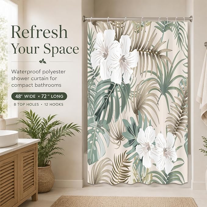 Tropical Shower Curtain for Bathroom, Green Palm Tree Flower Plant Boho Leaf Banana Monstera Sage Beige Shower Curtains Set, Fabric Bathroom Accessories with Hooks 48x72 Inch