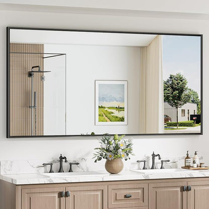 Keonjinn 72 x 36 Inch Black Oversize Bathroom Mirrors for Over Sink | Metal Frame, Rectangular Mirror for Wall, Safety Tempered Glass, Square Corner, Ideal for Hallway or Living Room