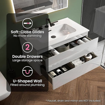 36" Bathroom Vanity with Sink, Modern Floating Vanity with Double Soft-Closing Drawers, Large Storage for Small Space, Glossy White, Fully Assembled - Iris Collection