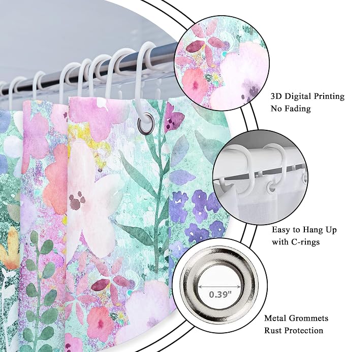 Teal Floral Cute Wildflower Watercolor Boho Art Bathroom Shower Curtain Set | 72"W x 72"H Leaves Botanical; waterproof HD print, quick-dry fabric with 12 hooks for easy hanging.