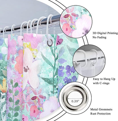 Teal Floral Cute Wildflower Watercolor Boho Art Bathroom Shower Curtain Set | 72"W x 72"H Leaves Botanical; waterproof HD print, quick-dry fabric with 12 hooks for easy hanging.