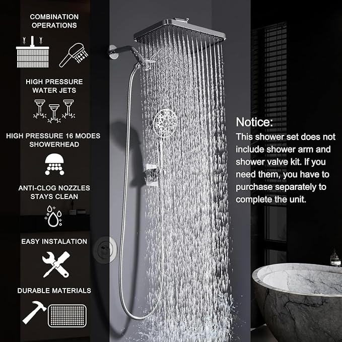 14 Inch Square Rain Shower Head Combo, 7 Settings Handheld Spray, Water Saving with Check Valve, Anti-Clog Nozzles, Tool-Free Installation for Bathroom Upgrade