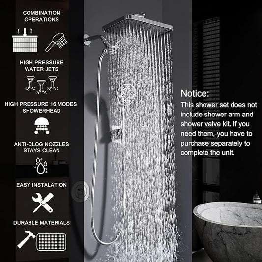14 Inch Square Rain Shower Head Combo, 7 Settings Handheld Spray, Water Saving with Check Valve, Anti-Clog Nozzles, Tool-Free Installation for Bathroom Upgrade