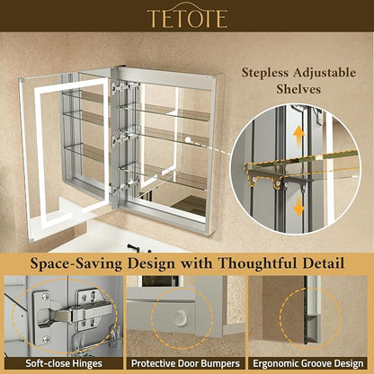 36 x 32 LED Lighted Bathroom Medicine Cabinet with Lights, 2 Door Recessed or Surface Mount Led Mirrored Medicine Cabinet, Tempered Glass, Outlets & USB, Adjustable Shelf, 3-Color Lights