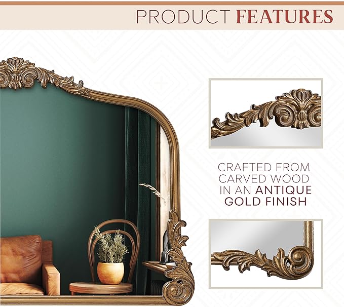 English Estate Carved Arch Wood Wall Mirror, Mirror for Entryway, Living Room, Bathroom, Antique Gold, 26x37
