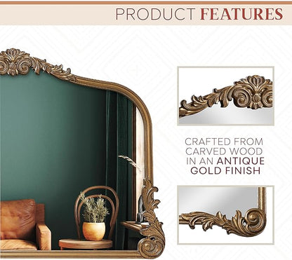 English Estate Carved Arch Wood Wall Mirror, Mirror for Entryway, Living Room, Bathroom, Antique Gold, 26x37