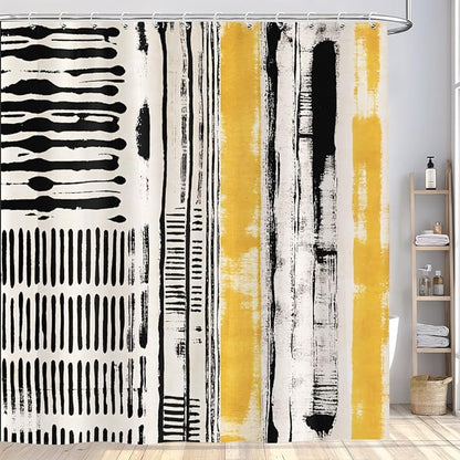 Abstract Boho Shower Curtain, Mid Century Modern Black And Beige Geometric Stripes Shower Curtains Set, Minimalist Aesthetic Art Yellow Polyester Fabric Shower Curtains for Bathroom with Hooks 72X72IN