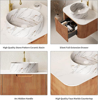 Yayzy 36" Floating Bathroom Vanity with Sink, Solid Wood Fluted Cabinet, White Marble-Patterned Ceramic Basin & Faux Marble Top, Soft-Close Drawer, Pre-Assembled, Natural Woodgrain