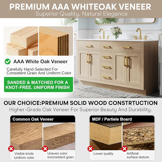 60-Inch Bathroom Vanity with Double Sinks W/ 4 Doors & 4 Drawers & 2 Flip Drawers, Oak Vanity W/Brushed Gold Handles