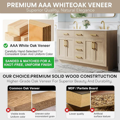 60-Inch Bathroom Vanity with Double Sinks W/ 4 Doors & 4 Drawers & 2 Flip Drawers, Oak Vanity W/Brushed Gold Handles