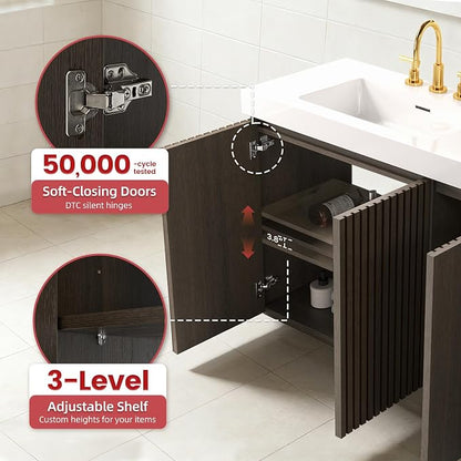 60 Inch Bathroom Vanity with Double Sink, Freestanding Double Sink Bathroom Vanity with White Engineered Stone Top, Open Storage Cabinet & Adjustable Shelf, Smoked Oak Brown (3 Holes)