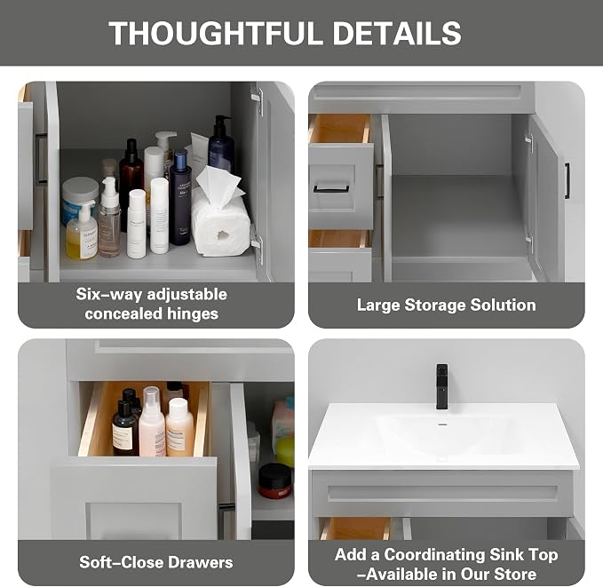 36" Light Grey Shaker Bathroom Vanity Base – Ready-to-Assemble Sink Cabinet with Drawers, Freestanding Bathroom Vanity Base Only, No Top or Sink
