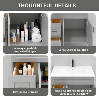 36" Light Grey Shaker Bathroom Vanity Base – Ready-to-Assemble Sink Cabinet with Drawers, Freestanding Bathroom Vanity Base Only, No Top or Sink
