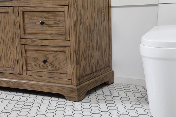 60" Pre-Assembled Bathroom Vanity with Sink, Solid Birch and MDF, Carrara White Marble Countertop Attached, Single Rectangle Porcelain Sink, 6 Soft-Close Drawers, Driftwood