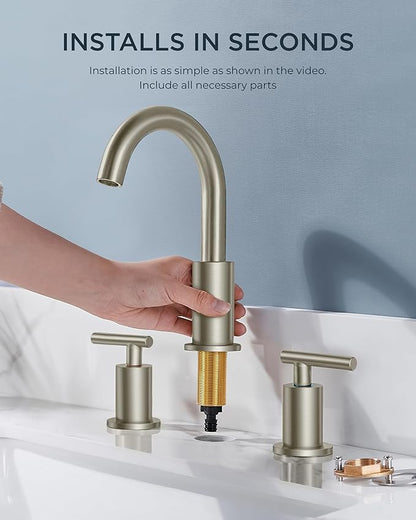 FORIOUS Brushed Nickel Bathroom Faucet 3 Hole Vanity with Metal Pop Up Drain and 24" Supply Lines, 2 Handle 8 Inch Widespread Faucet for Bathroom Sink 3 Hole Brushed Nickel with 360° Swivel Spout