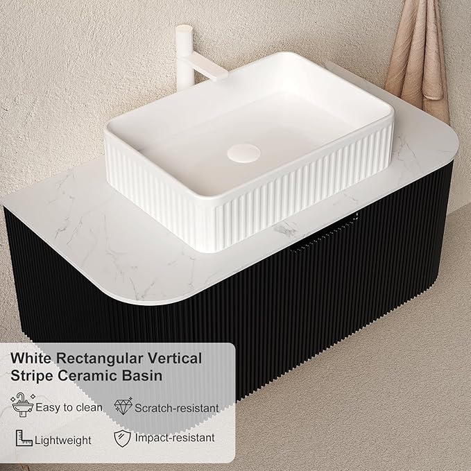 36'' Floating Bathroom Vanity with Sink, Modern Solid Wood Bathroom Vanities with Rectangular Ceramic Basin and Marble Top, Soft-Close Design, Large Storage Drawer, Pre-Assembled Cabinet, Gloss Black