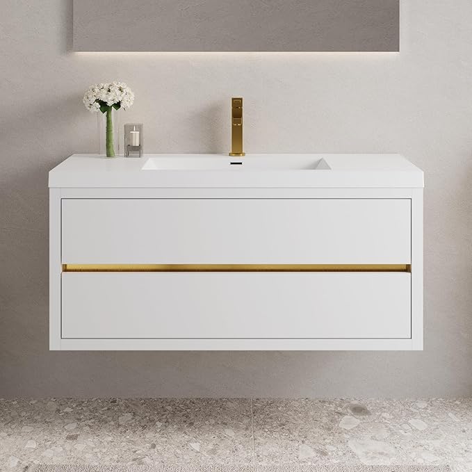 Abruzzo 48" Glossy White Wall-Mounted Bathroom Vanity with Sink – Stone Resin Countertop & Soft-Close Drawers, Waterproof Wood Cabinet for Small Bathrooms