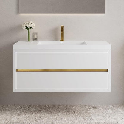 Abruzzo 48" Glossy White Wall-Mounted Bathroom Vanity with Sink – Stone Resin Countertop & Soft-Close Drawers, Waterproof Wood Cabinet for Small Bathrooms