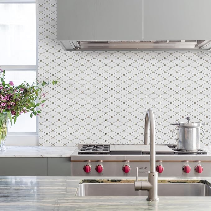STICKGOO 10 Sheets Peel and Stick Backsplash, Pure White | PVC Mixed Metal Gold Kitchen Backsplash, Waterproof, Self Adhesive Wall Tiles for Kitchen, Bathroom, Vanities