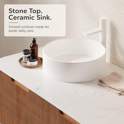 48 Inch Bathroom Vanity with Sink, Floating Wall Mounted Single Sink Vanity, Natural Woodgrain Curved Fluted Front, Stone Top, Pure White Round Vessel Basin, Pre-Assembled