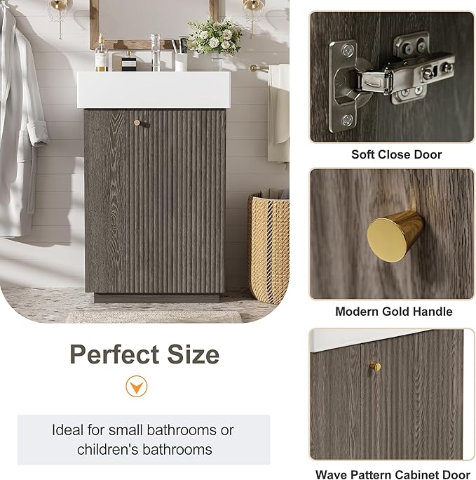 Merax Small Bathroom Vanity, Modern Floor Standing Bathroom Vanity with Sink, Ceramic Sink Vanity with Side Storage Shelves and Toilet Paper Holders, Dark Grey