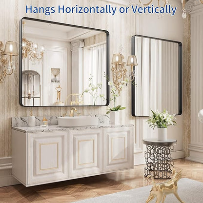 WEER 36X30 Inch Black Metal Framed Bathroom Mirror, Matte Black Bathroom Vanity Mirror, Rectangular Black Wall Mirror for Bathroom, Tempered Glass, Rounded Corner, Hangs Horizontal or Vertical
