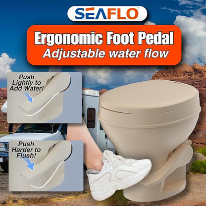 SEAFLO Bone-Colored Residential Height Camper/RV Toilet, 18.5” Height, Gravity Flush, Foot Pedal, Oversized Bowl, Soft-Close Seat, 4-Year Warranty