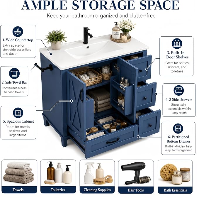 Bellemave 36" Bathroom Vanity with Sink, Bathroom vanities, Green Bathroom Vanity with Drawers, Sink Cabinet, Navy Blue, 36"