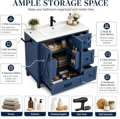 Bellemave 36" Bathroom Vanity with Sink, Bathroom vanities, Green Bathroom Vanity with Drawers, Sink Cabinet, Navy Blue, 36"