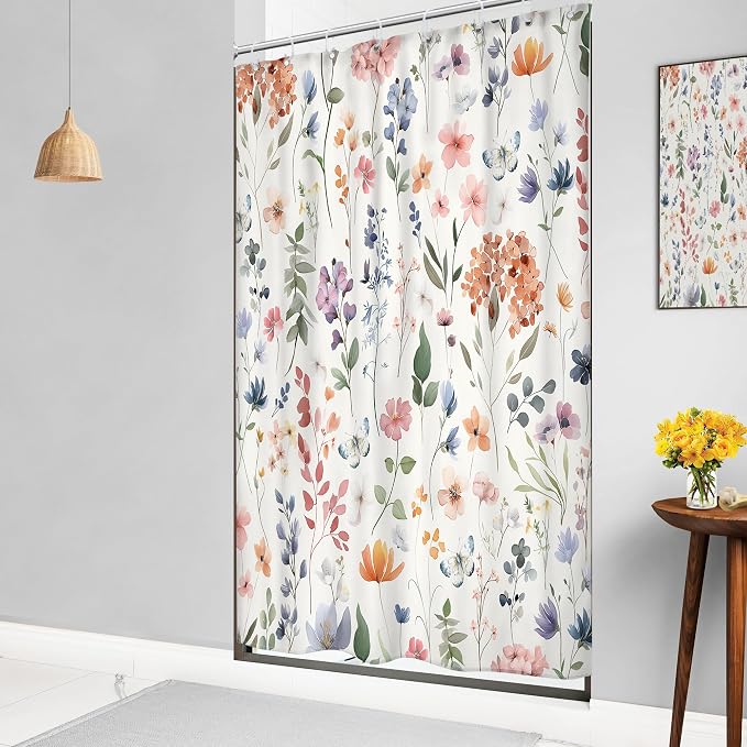 Boho Flower Narrow Colorful Floral Wildflower Bathroom Shower Curtain Set | 48"W x 72"H Leaves Plants; waterproof HD print, quick-dry fabric and plastic hooks for easy setup.
