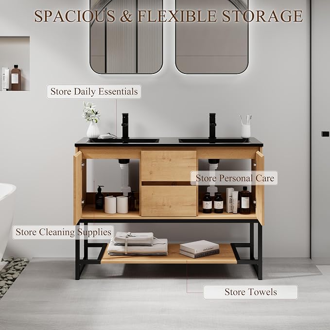 LUCKWIND 48" Modern Bathroom Vanity with Dual Black Sink Combo, Freestanding Storage Cabinet with Metal Frame, Water-Saving Faucet and Open Shelf and 2 Soft-Closing Door, Natural