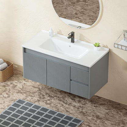 Floating Bathroom Vanity 40 Inch, Wall Mounted Bathroom Vanity with Ceramic Sink and 2 Drawers for Storage, Modern Wave-Carved Design Wooden Sink Cabinet, Grey