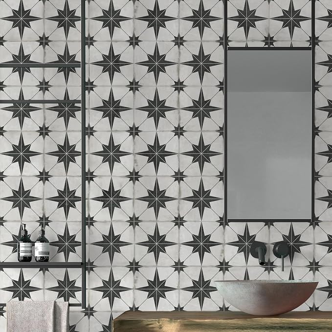 The Tiles Plaza Encaustic Peel and Stick Backsplash, Black Star Patterned Vintage Stick on Tiles, Stone Composite Self-Adhesive Wall Tile Sticker for Kitchen Bathroom Fireplace Stairs, 10 Sheets
