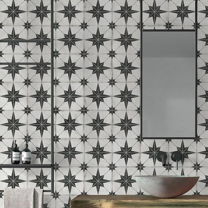 The Tiles Plaza Encaustic Peel and Stick Backsplash, Black Star Patterned Vintage Stick on Tiles, Stone Composite Self-Adhesive Wall Tile Sticker for Kitchen Bathroom Fireplace Stairs, 10 Sheets