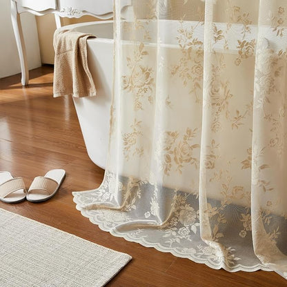 Beige Lace Shower Curtain with Attached Valance Decorative Vintage Floral Shower Curtain for Bathroom Spa Boho Cottagecore Decor Scalloped Edge Shabby Chic Bath Curtains Spa-like Hotel, 36 x 72 Inch