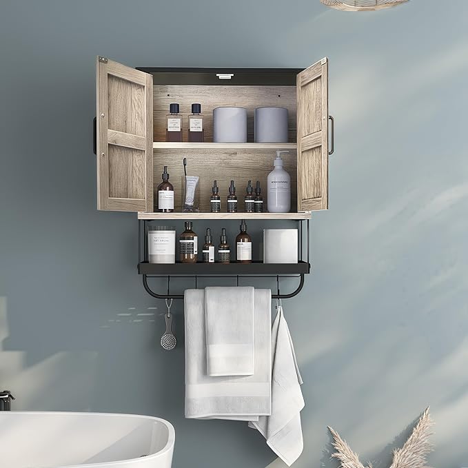 Over The Toilet Storage Cabinet, Bathroom Above Toilet Cabinet Organizer with Doors and Adjustable Shelves, Bathroom Shelf Organizer with Anti-Tip Device & Drain Rack, White (Brown)
